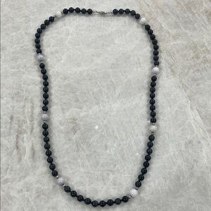 Elegant Dark Gray and White Beaded Necklace